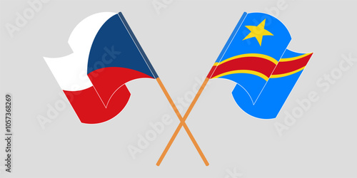 Crossed and waving flags of Czech Republic and Democratic Republic of the Congo. Vector illustration