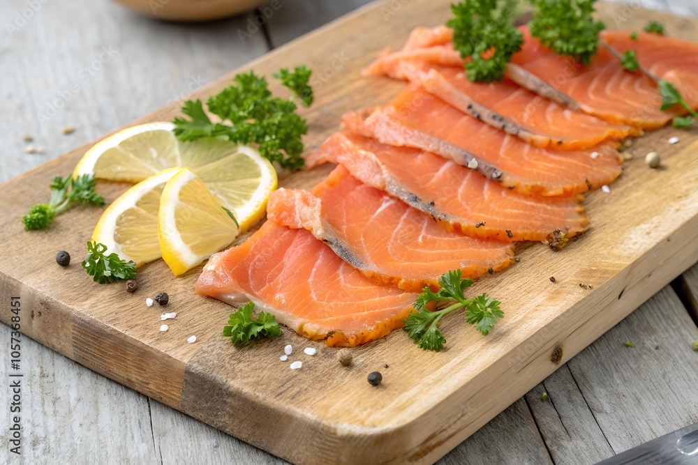 Slices of Traditional Norwegian Smoked Salmon with Parsley and Lemon on Rustic Wooden Chopping Board Slices of Traditional Norwegian Smoked Salmon with Parsley and Lemon on Rustic Wooden Chopping Board