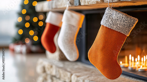 Cozy Christmas scene featuring colorful stockings hung by a fireplace and a softly lit tree in the background, evoking holiday spirit and warmth. photo