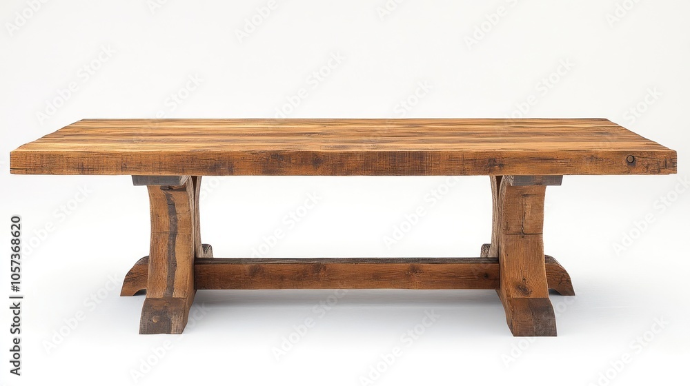 A rustic wooden table with a thick, reclaimed wood top and sturdy, X-shaped legs. The table is made of natural wood, with a warm brown finish, and has a simple, elegant design. A rustic wooden table with a thick, reclaimed wood top and sturdy, X-shaped legs. The table is made of natural wood, with a warm brown finish, and has a simple, elegant design.