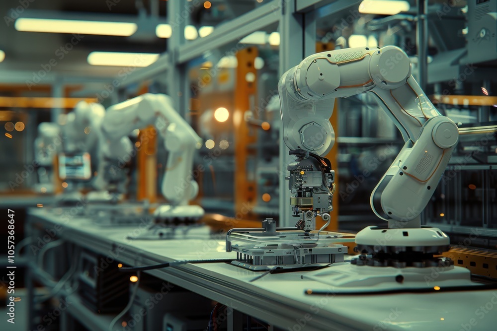 Cinematic documentary style, close-up, collaborative robot arm assembling intricate electronic components, high-tech manufacturing lab, winter, bright fluorescent lighting Cinematic documentary style, close-up, collaborative robot arm assembling intricate electronic components, high-tech manufacturing lab, winter, bright fluorescent lighting