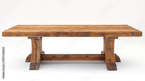 A rustic wooden table with a thick, reclaimed wood top and sturdy, X-shaped legs. The table is made of natural wood, with a warm brown finish, and has a simple, elegant design.