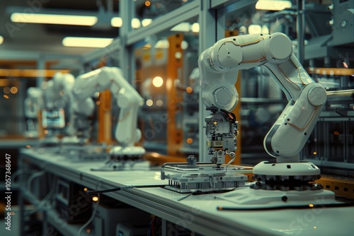 Cinematic documentary style, close-up, collaborative robot arm assembling intricate electronic components, high-tech manufacturing lab, winter, bright fluorescent lighting photo