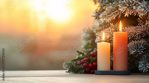 A serene winter scene featuring two candles glowing beside a frosted evergreen branch, capturing the warmth and tranquility of the season. photo