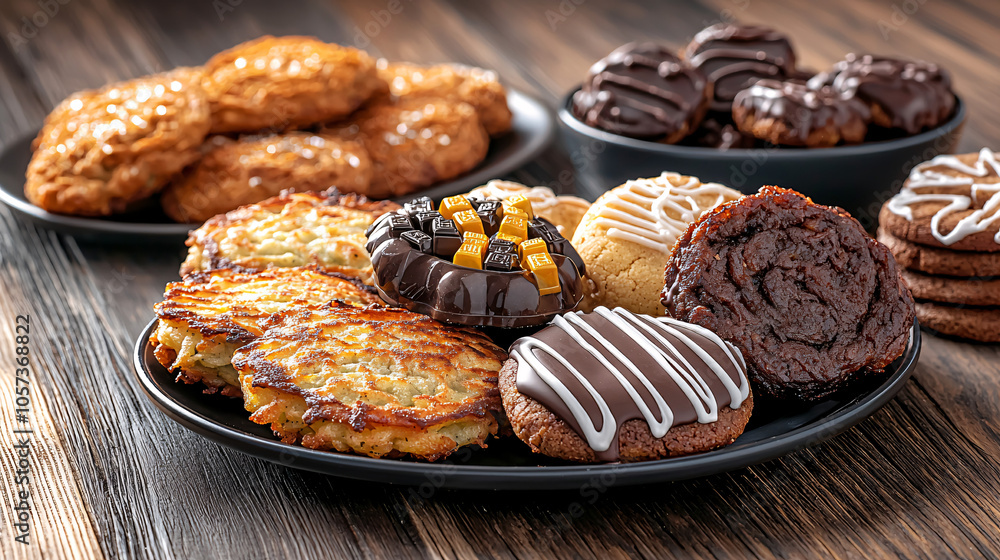 A close-up of a variety of delicious cookies on black plates, showcasing different flavors and textures on a rustic wooden table. A close-up of a variety of delicious cookies on black plates, showcasing different flavors and textures on a rustic wooden table.