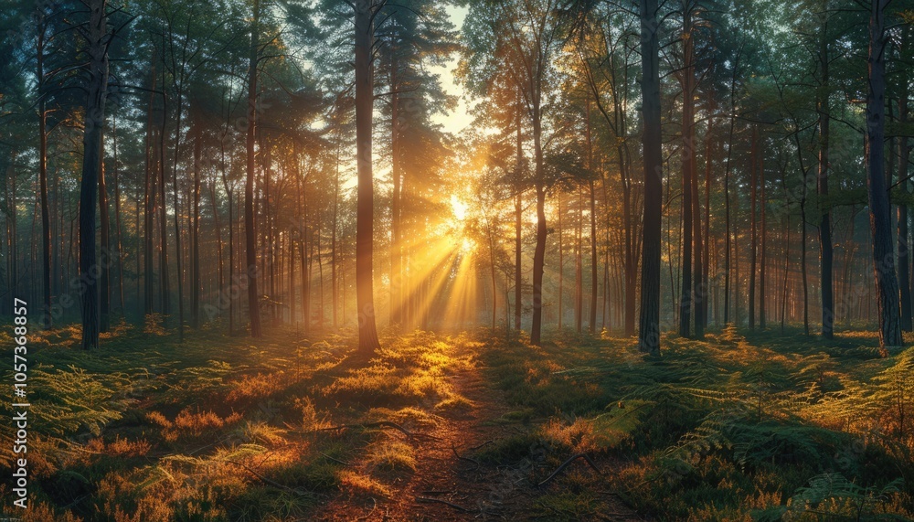 Fototapeta premium Sunbeams Illuminating a Misty Forest Path
