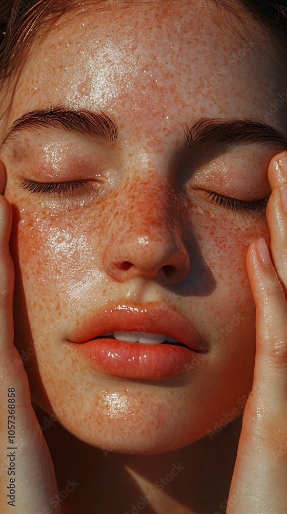 Close-up portrait of a young woman with freckles and glowing skin, eyes closed, hands gently touching face, bathed in warm sunlight, exuding serenity and natural beauty. Close-up portrait of a young woman with freckles and glowing skin, eyes closed, hands gently touching face, bathed in warm sunlight, exuding serenity and natural beauty.