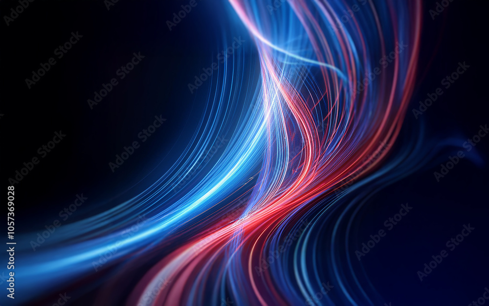 Abstract art featuring a blue and red light trail against a dark background. Abstract art featuring a blue and red light trail against a dark background.