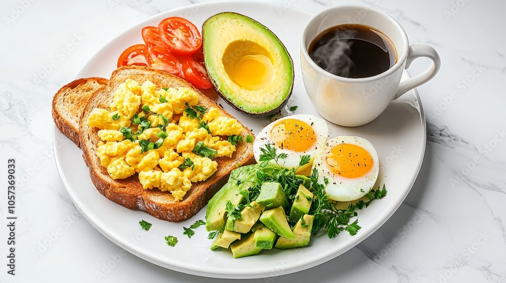 Fresh Avocado Toast with Scrambled Eggs and Coffee Fresh Avocado Toast with Scrambled Eggs and Coffee