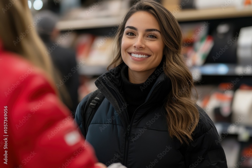 A smiling woman with long brown hair, dressed warmly, stands in a well-illuminated store aisle filled with neatly arranged products, showcasing joy in shopping experiences. A smiling woman with long brown hair, dressed warmly, stands in a well-illuminated store aisle filled with neatly arranged products, showcasing joy in shopping experiences.