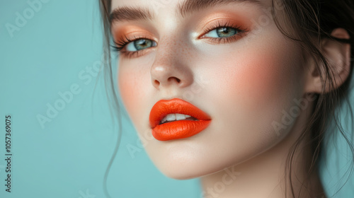 A woman with orange lipstick and green eyes