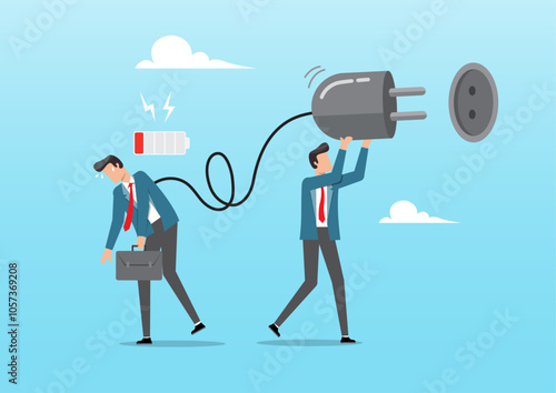 Businessman manager holding huge electric plug to recharge low battery exhausted businessman worker