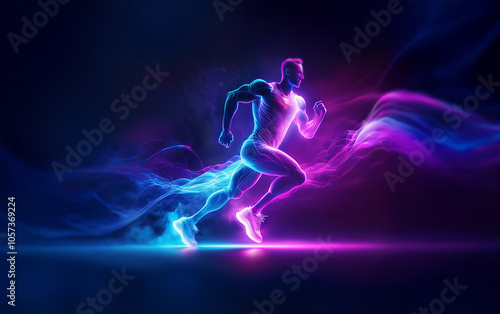 A glowing figure of a runner with ethereal streaks of blue and purple light behind him.