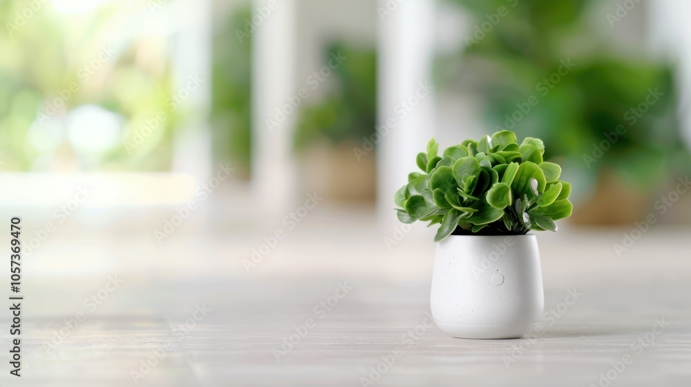 Fototapeta premium A small green succulent plant in a white ceramic pot, placed elegantly on a light wooden surface, surrounded by a blurred, lush background.