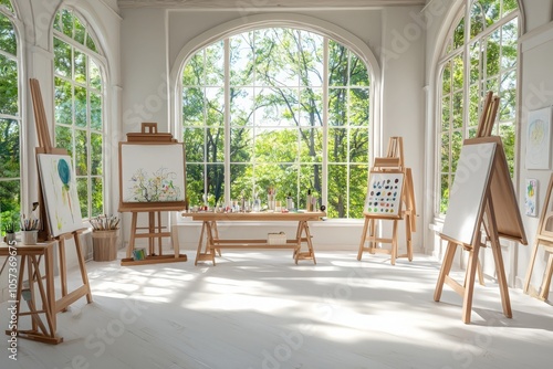 Bright Art Classroom with Sunlight and Easels photo