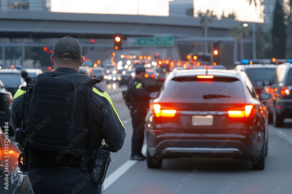 Officer manages traffic flow during rush hour, highlighting urban congestion and law enforcement's role in maintaining safety and order on city roads. Officer manages traffic flow during rush hour, highlighting urban congestion and law enforcement's role in maintaining safety and order on city roads.