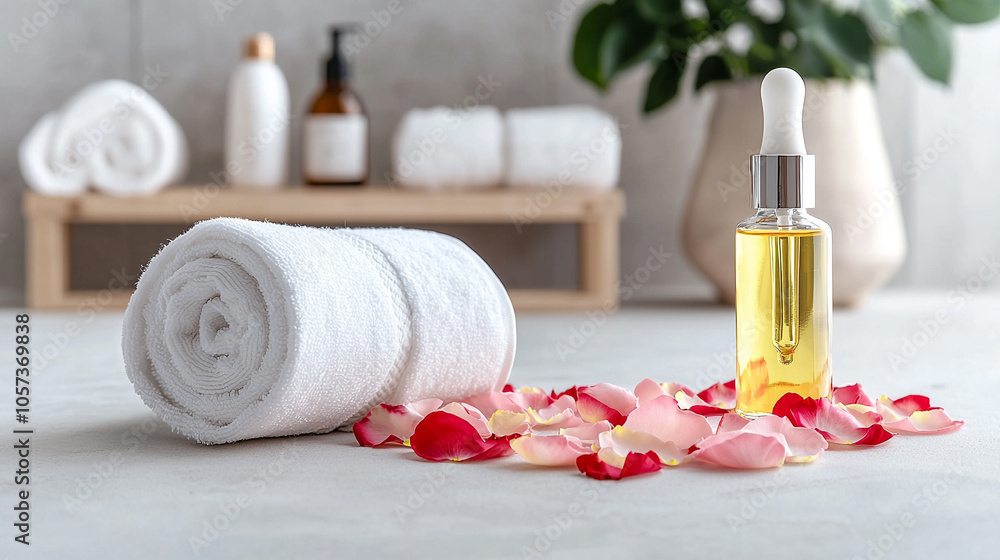 Luxurious spa treatment with a rolled towel, massage oil, and a rose petal-covered surface, Luxurious spa treatment with a rolled towel, massage oil, and a rose petal-covered surface,