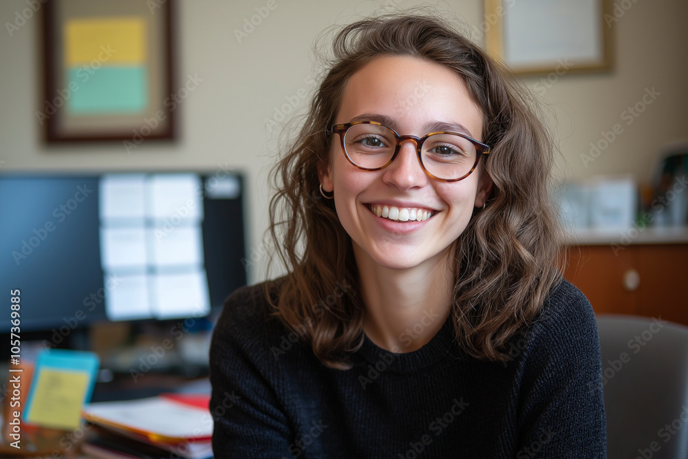 A young woman with curly hair and glasses smiles warmly in modern office setting, showcasing clean desk with organized materials A young woman with curly hair and glasses smiles warmly in modern office setting, showcasing clean desk with organized materials