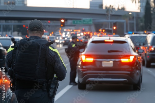 Wallpaper Mural Officer manages traffic flow during rush hour, highlighting urban congestion and law enforcement's role in maintaining safety and order on city roads. Torontodigital.ca