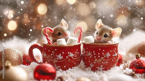 A delicate Shabby Chic graphic of mice carrying marshmallows and candy canes, making a festive hot chocolate scene, surrounded by soft Christmas decorations and warm colors 