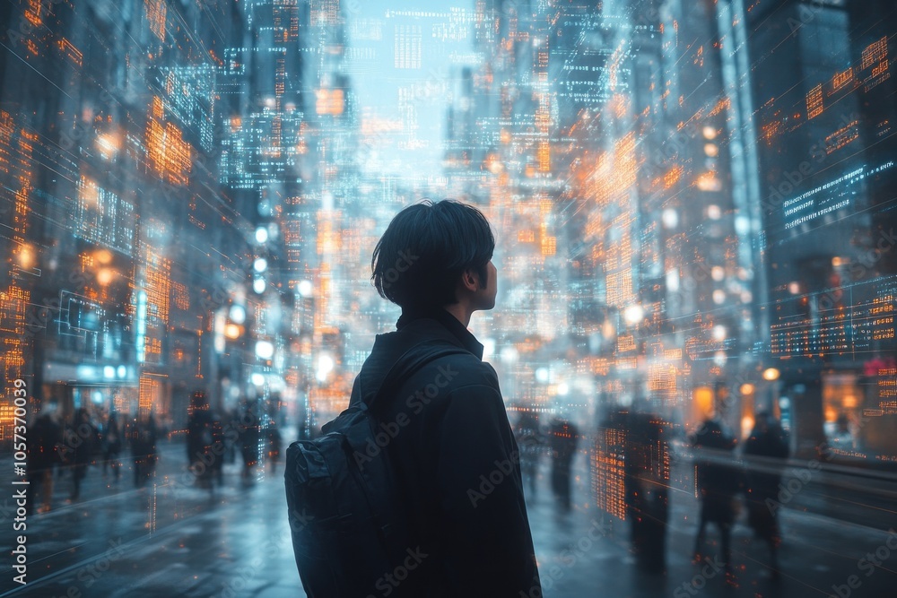 A person gazes at a futuristic cityscape filled with digital elements and vibrant lights. A person gazes at a futuristic cityscape filled with digital elements and vibrant lights.
