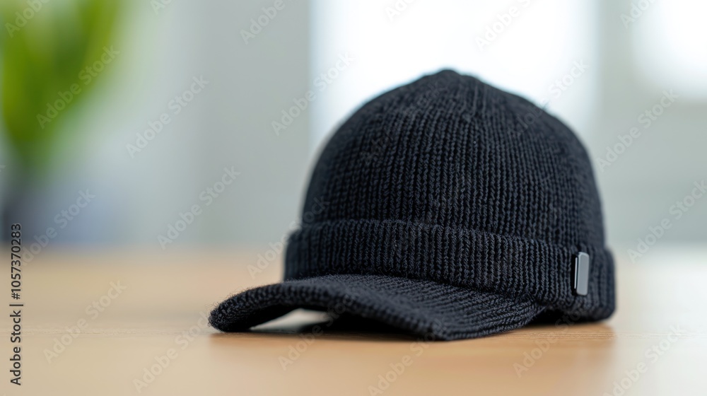 A stylish black knit cap with a visor rests on a wooden surface, showcasing its texture and design in a modern setting.
