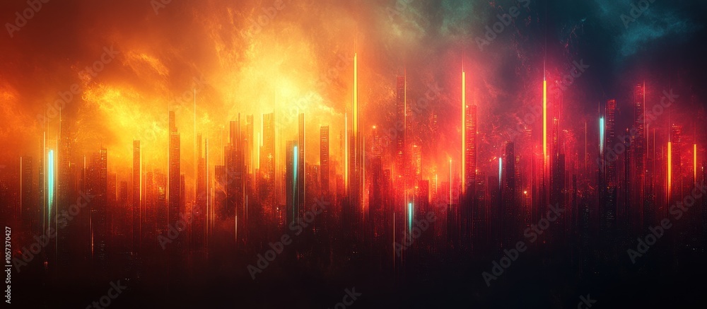 A vibrant, abstract cityscape illuminated by colorful lights against a fiery background. A vibrant, abstract cityscape illuminated by colorful lights against a fiery background.