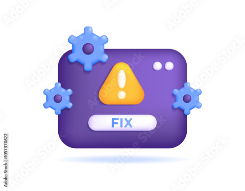 troubleshooting and fixing concept. fixing problems in software or system. fix bug. illustration of error warning window with gear. icon or symbol. minimalist 3d style design. element