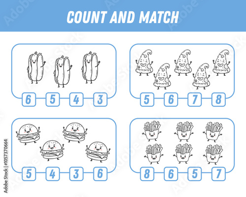 Education game for children count and match of cute Cartoon character. Activity page with fast food characters. Cartoon hamburger, slice of pizza, french fries. Vector