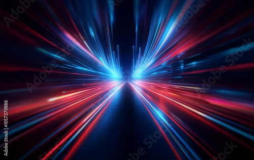 A dark background with red and blue streaks of light converging in the center.