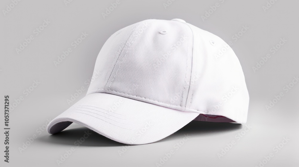 A white cap with a curved brim, featuring textured detailing, resting on a neutral background. A white cap with a curved brim, featuring textured detailing, resting on a neutral background.