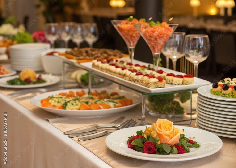 Elegant Macro Photography of a Catering Table with Delicious Banquet Dishes and Decorated Serving Utensils for Event Elegant Macro Photography of a Catering Table with Delicious Banquet Dishes and Decorated Serving Utensils for Event
