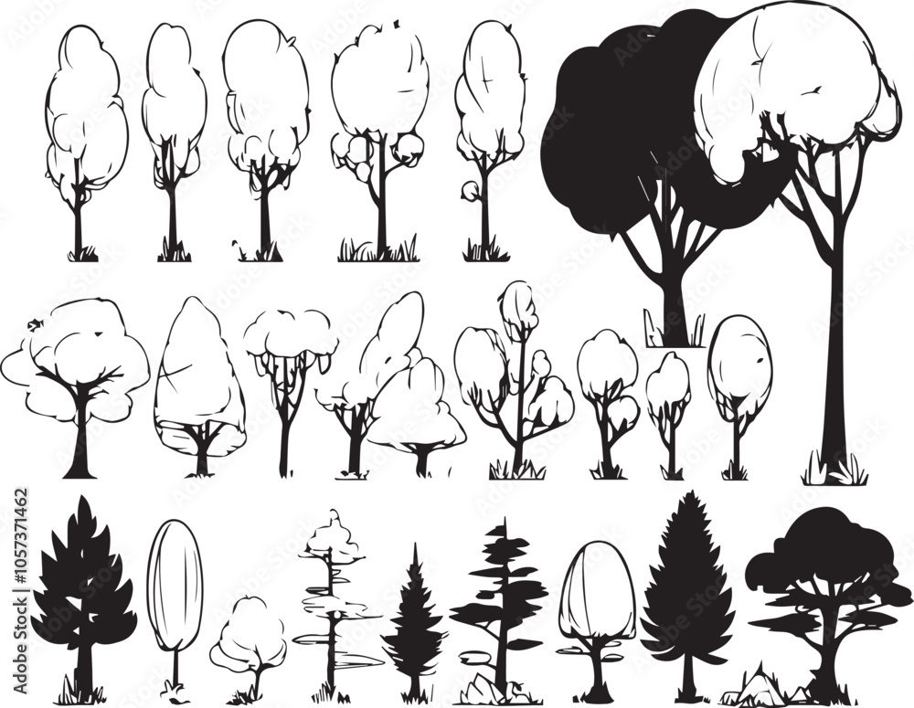 Naklejka premium Set Trees. Hand drawn vector illustration 