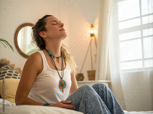 Woman Practicing Breathing in Bedroom with Soft Lighting photo