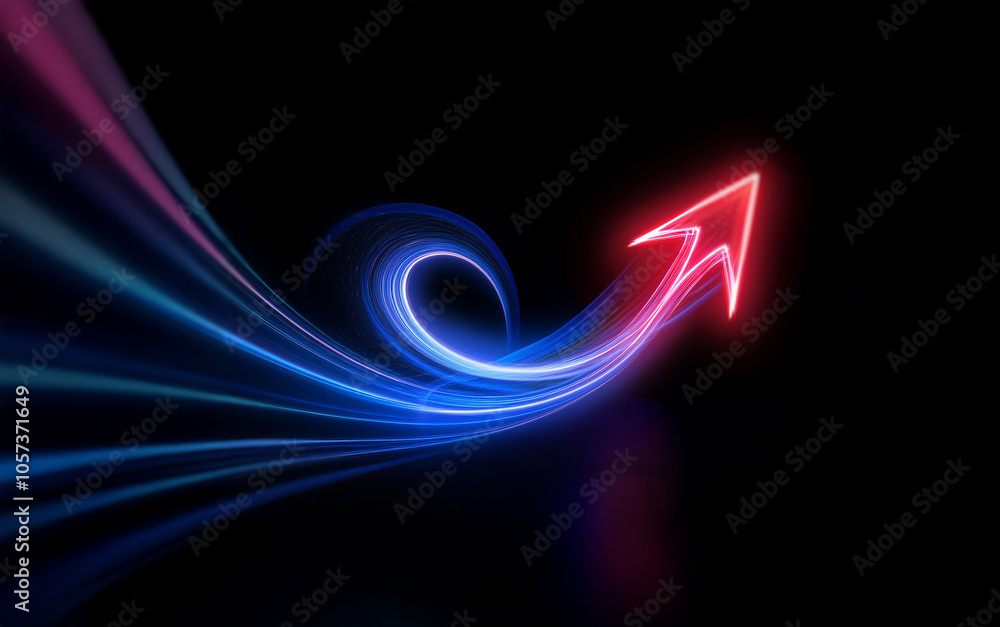 A red neon arrow pointing upward, with a blue and purple neon light trail behind it, against a black background. A red neon arrow pointing upward, with a blue and purple neon light trail behind it, against a black background.