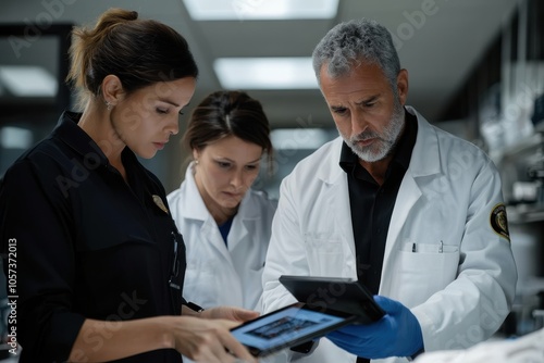 Three scientists in lab coats closely review information on a tablet, surrounded by laboratory equipment, working collaboratively to conduct critical research. photo