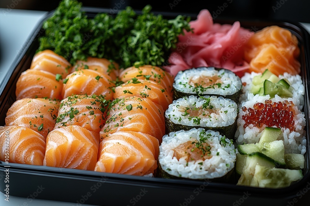 A sushi bento box featuring salmon sashimi, rolls, pickled ginger, and greens. A sushi bento box featuring salmon sashimi, rolls, pickled ginger, and greens.