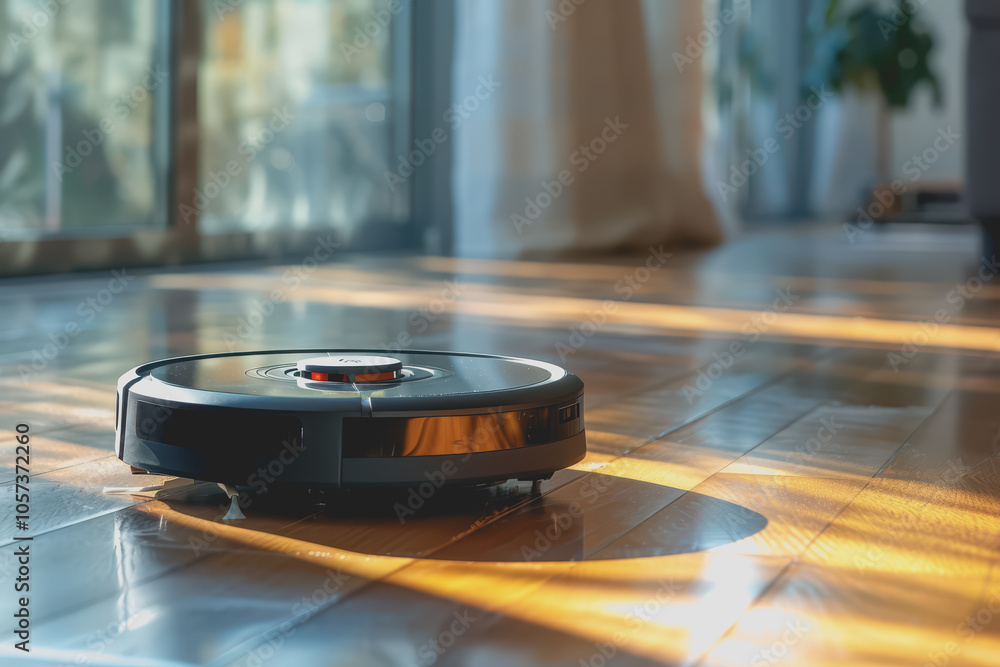 Happy robotic vacuum cleaner navigating a room, with a content smile as it cleans. Happy robotic vacuum cleaner navigating a room, with a content smile as it cleans.