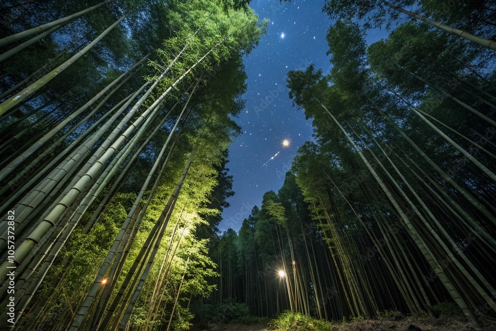 Enchanting Night Photography of Serene Bamboo Forest Under Starry Sky Enchanting Night Photography of Serene Bamboo Forest Under Starry Sky