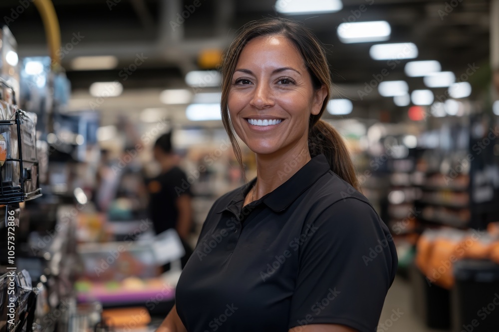 A cheerful store employee stands confidently in a bustling supermarket aisle, reflecting enjoyment and positivity while assisting customers with their shopping needs. A cheerful store employee stands confidently in a bustling supermarket aisle, reflecting enjoyment and positivity while assisting customers with their shopping needs.
