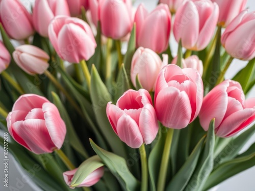 Light pink tulip flowers arranged beautifully in a bouquet on a soft pink background, tulips, spring