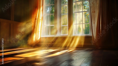 Sunlight streams through sheer curtains, casting golden rays across a wooden floor in an empty room, creating a warm, ethereal atmosphere of tranquility and hope.