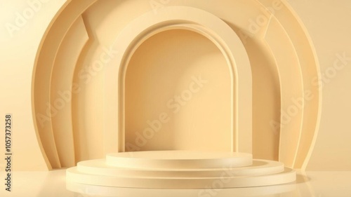 Minimal 3D scene with geometric shapes, golden stairs, arch, podium, pastel cream background, stairs, pastel cream