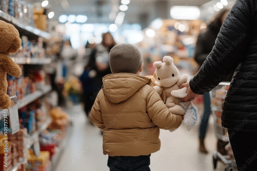 A small child in a yellow jacket holds a toy bear in a bustling toy store aisle, symbolizing innocence and joy amid a colorful retail environment. A small child in a yellow jacket holds a toy bear in a bustling toy store aisle, symbolizing innocence and joy amid a colorful retail environment.