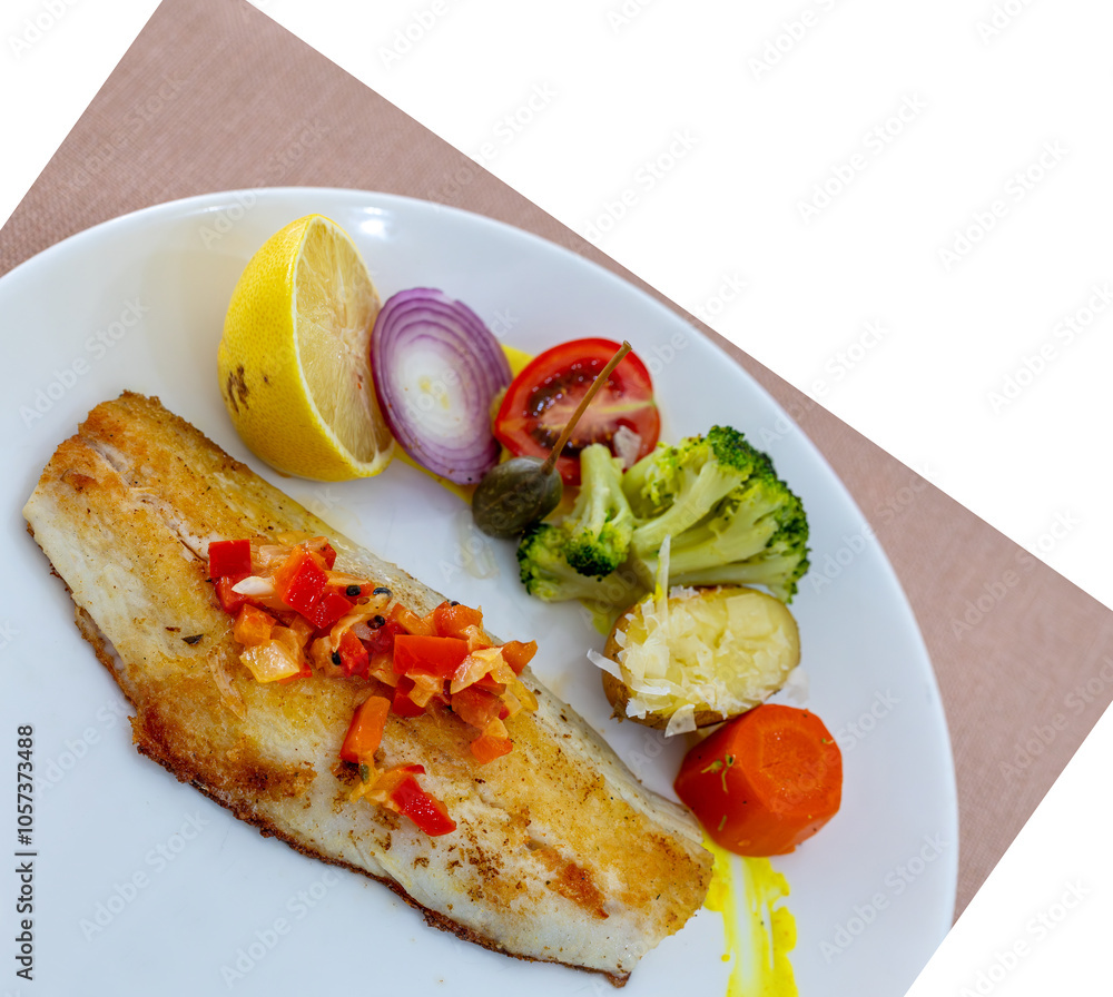 Grilled sea bass in a white porcelain plate. Garnish: lemon, onion, tomato, capers, broccoli, potatoes, carrots.