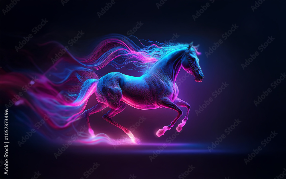 A blue horse with a flowing mane and tail of pink and blue light runs across a dark background. A blue horse with a flowing mane and tail of pink and blue light runs across a dark background.