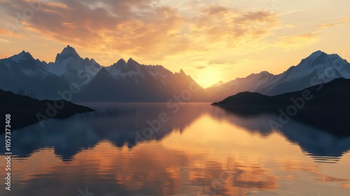 Serene mountain landscape at sunset, reflecting on tranquil water.