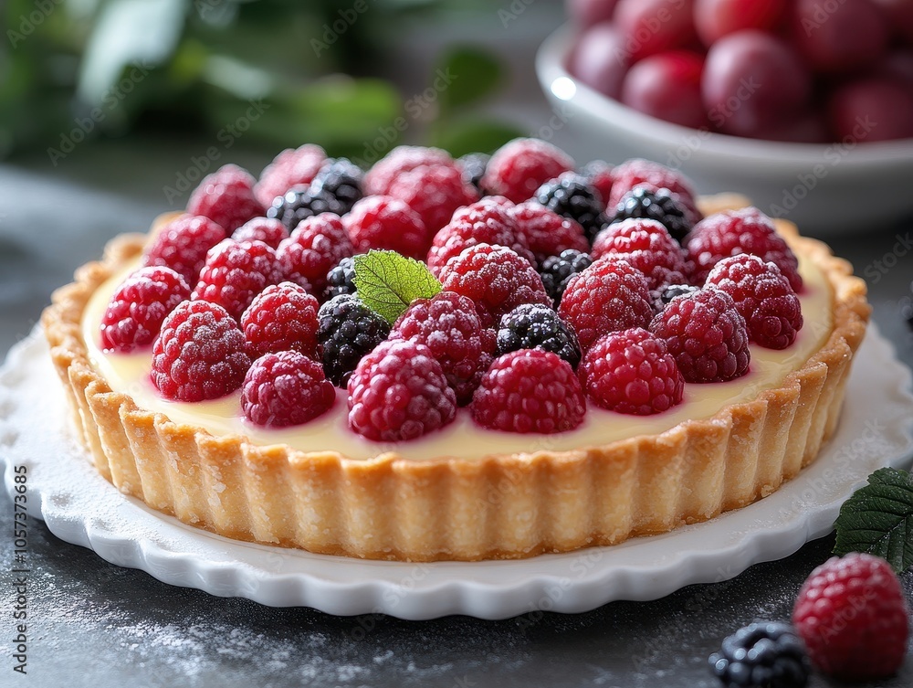 Elegant fruit tart with custard and fresh berries, beautifully arranged on a white porcelain dish, a delightful dessert centerpiece. Elegant fruit tart with custard and fresh berries, beautifully arranged on a white porcelain dish, a delightful dessert centerpiece.