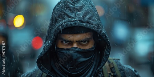 Male thief in mask and hood close-up