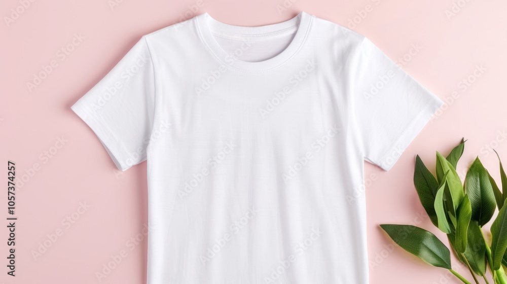 A plain white t-shirt is laid flat on a pink background, accompanied by green leaves, creating a fresh and minimalistic aesthetic.